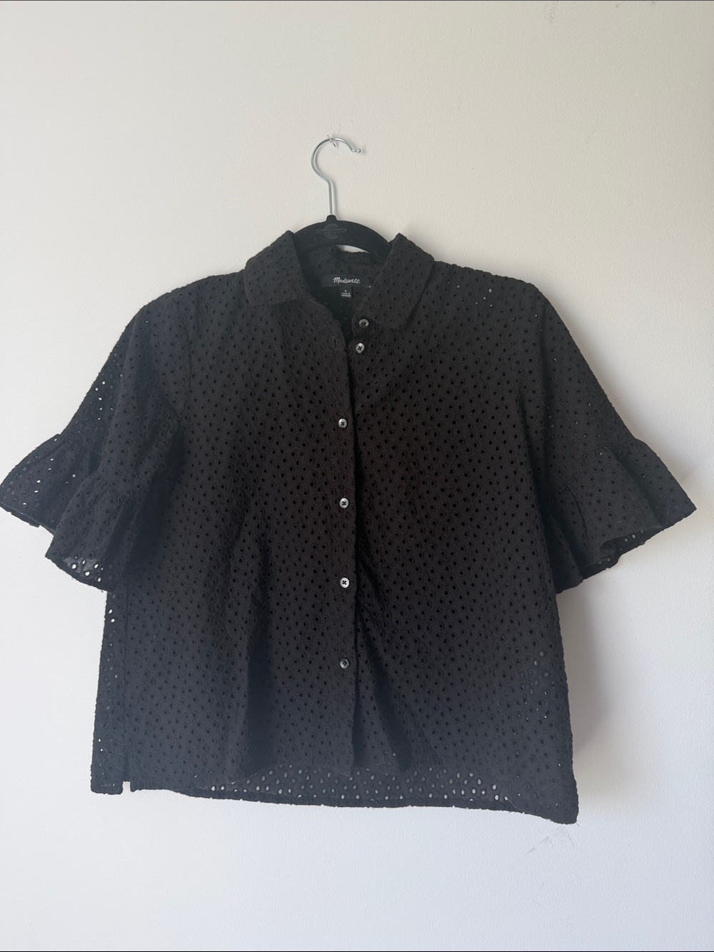 Madewell Black Eyelet Ruffle-Sleeve Button Down Shirt
